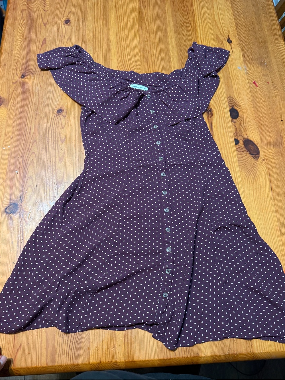American Eagle Outfitters Burgundy Polka Dot One-Shoulder Button Dress